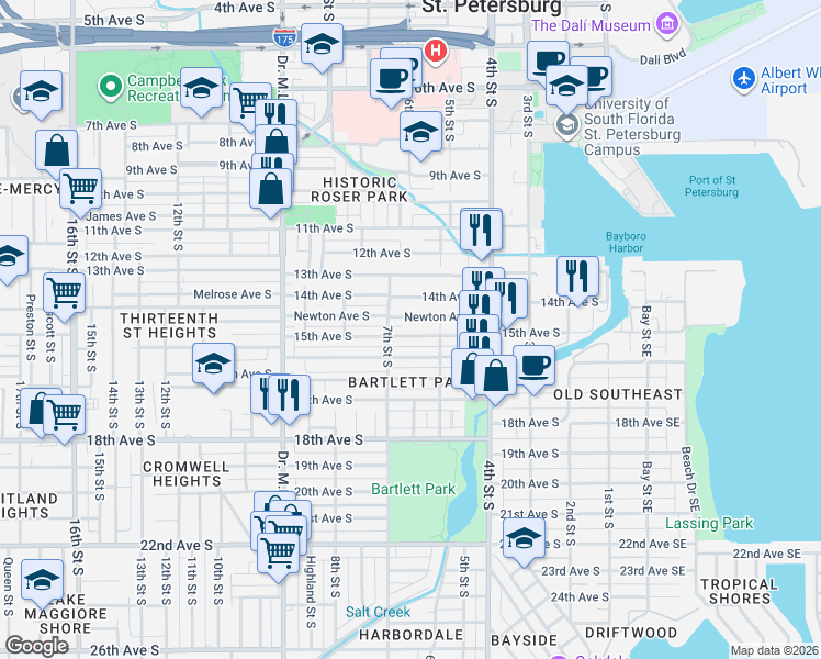 map of restaurants, bars, coffee shops, grocery stores, and more near 657 15th Avenue South in St. Petersburg