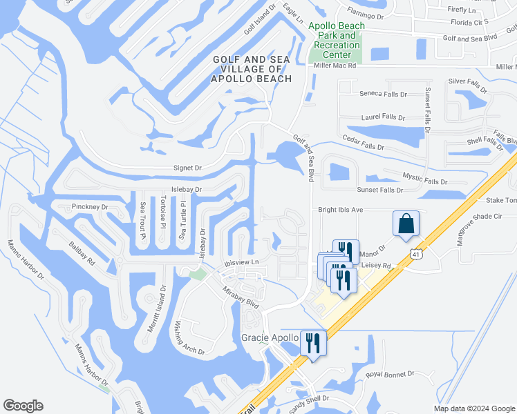 map of restaurants, bars, coffee shops, grocery stores, and more near 5716 Tides Place in Apollo Beach