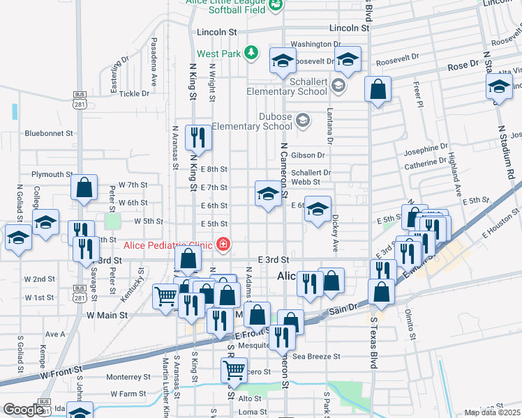 map of restaurants, bars, coffee shops, grocery stores, and more near 516 East 6th Street in Alice