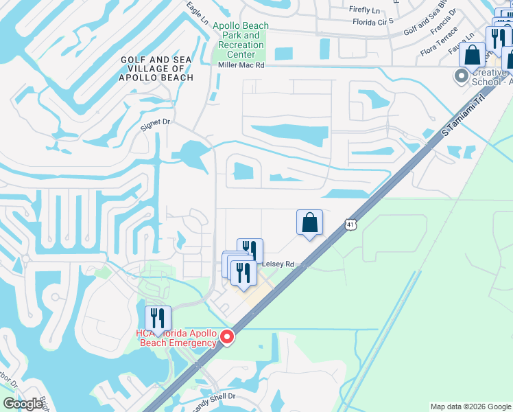 map of restaurants, bars, coffee shops, grocery stores, and more near 5603 Sunset Falls Drive in Apollo Beach