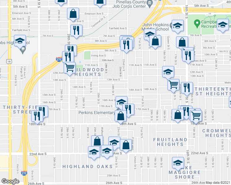map of restaurants, bars, coffee shops, grocery stores, and more near 2347 15th Avenue South in St. Petersburg