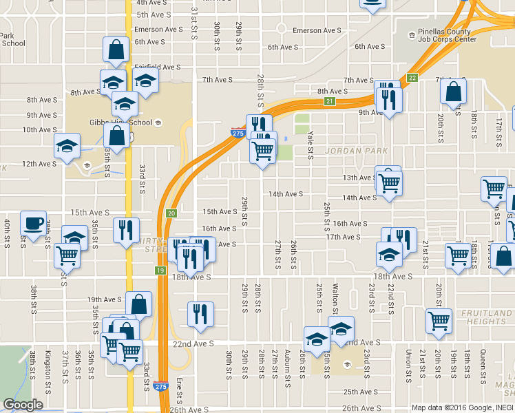 map of restaurants, bars, coffee shops, grocery stores, and more near 1428 28th Street South in St. Petersburg