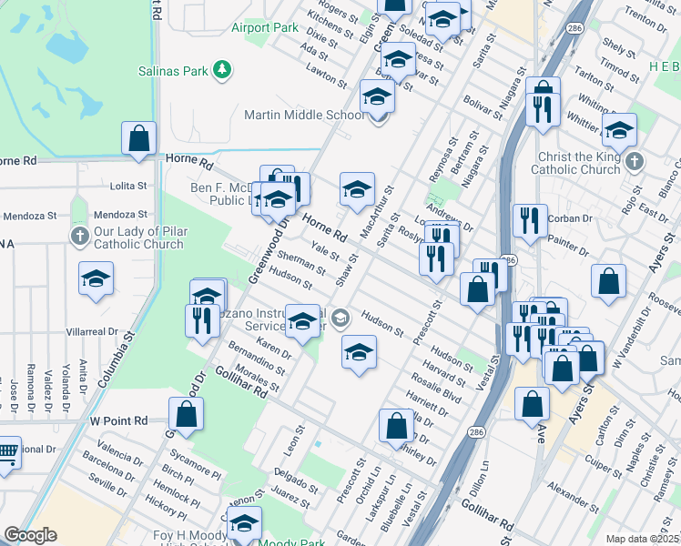 map of restaurants, bars, coffee shops, grocery stores, and more near 4133 Shaw Street in Corpus Christi