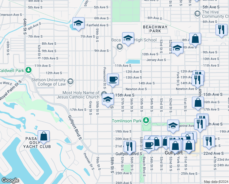 map of restaurants, bars, coffee shops, grocery stores, and more near 1414 58th St S in Gulfport