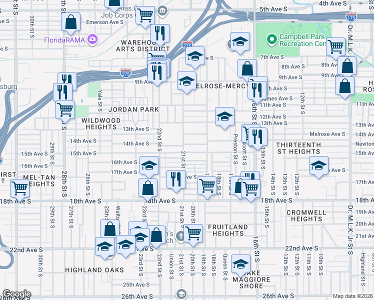 map of restaurants, bars, coffee shops, grocery stores, and more near 2035 15th Avenue South in St. Petersburg