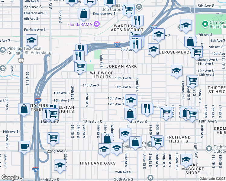 map of restaurants, bars, coffee shops, grocery stores, and more near 2473 15th Avenue South in Saint Petersburg