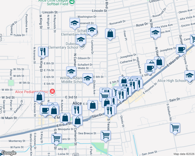 map of restaurants, bars, coffee shops, grocery stores, and more near 1003 East 6th Street in Alice