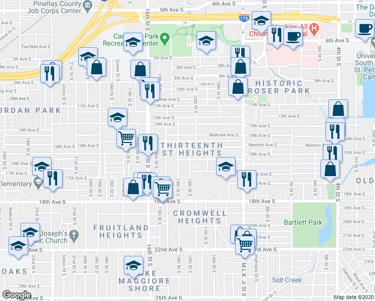 map of restaurants, bars, coffee shops, grocery stores, and more near 1445 12th Street South in St. Petersburg