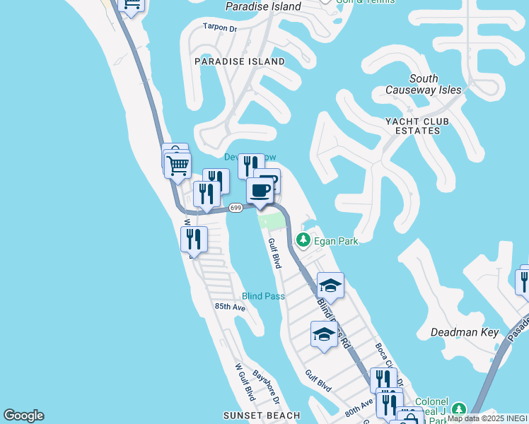 map of restaurants, bars, coffee shops, grocery stores, and more near 9524 Florida 699 in St. Pete Beach