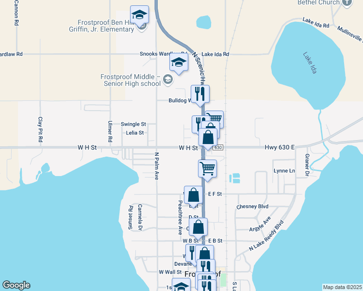 map of restaurants, bars, coffee shops, grocery stores, and more near 1 Colony Street in Frostproof