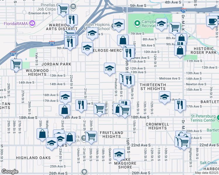 map of restaurants, bars, coffee shops, grocery stores, and more near 1753 15th Avenue South in St. Petersburg