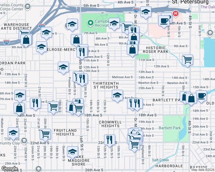 map of restaurants, bars, coffee shops, grocery stores, and more near 1150 Newton Avenue South in Saint Petersburg