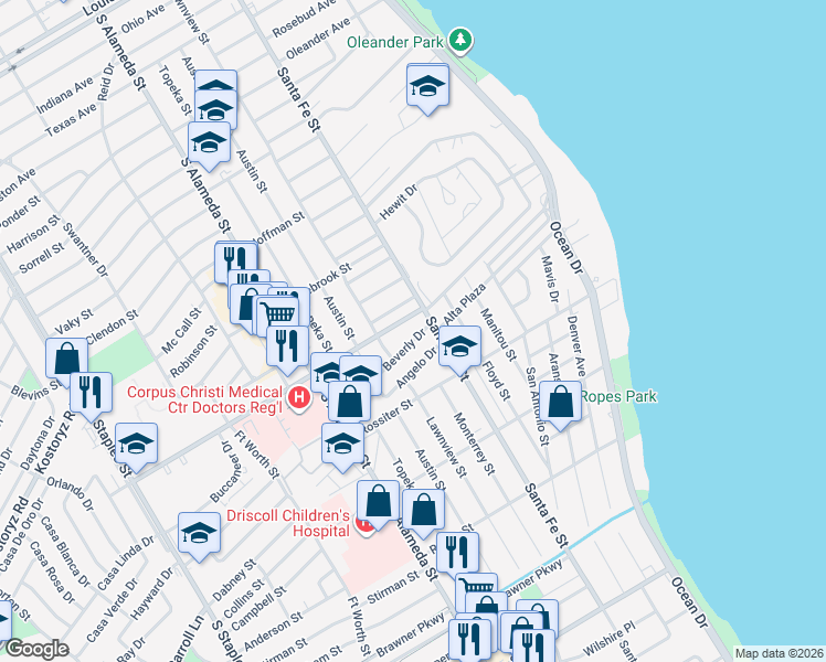 map of restaurants, bars, coffee shops, grocery stores, and more near 314 Beverly Drive in Corpus Christi
