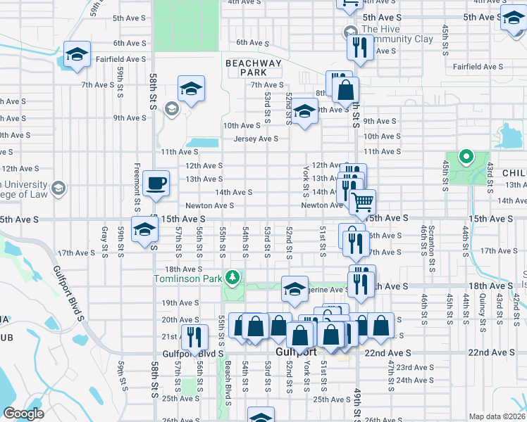 map of restaurants, bars, coffee shops, grocery stores, and more near 1437 53rd Street South in Gulfport