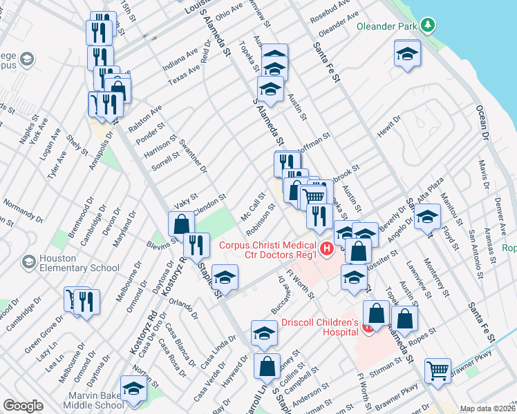 map of restaurants, bars, coffee shops, grocery stores, and more near 621 Mc Call Street in Corpus Christi