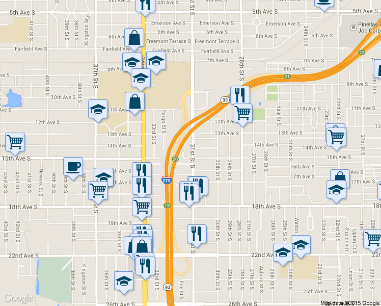 map of restaurants, bars, coffee shops, grocery stores, and more near 1439 31st Street South in St. Petersburg