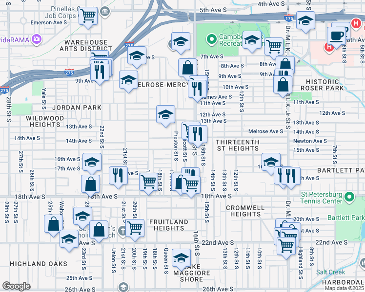 map of restaurants, bars, coffee shops, grocery stores, and more near 1435 Prescott Street South in St. Petersburg