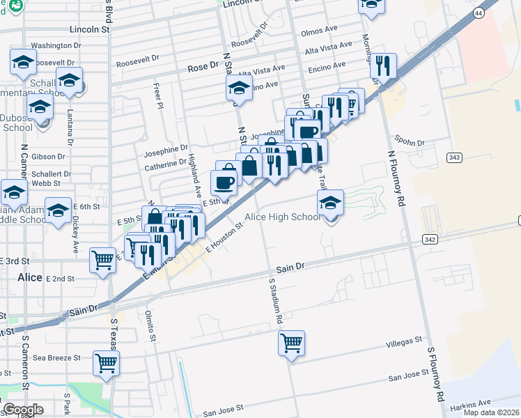 map of restaurants, bars, coffee shops, grocery stores, and more near 1705 East Houston Street in Alice
