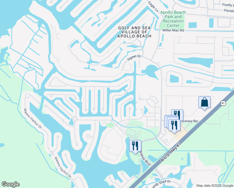 map of restaurants, bars, coffee shops, grocery stores, and more near 444 Islebay Drive in Apollo Beach