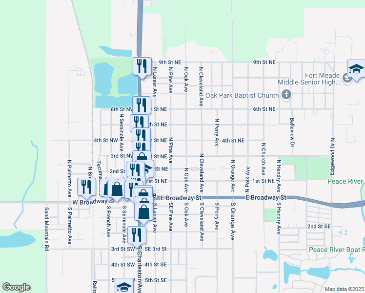 map of restaurants, bars, coffee shops, grocery stores, and more near 313 North Oak Avenue in Fort Meade
