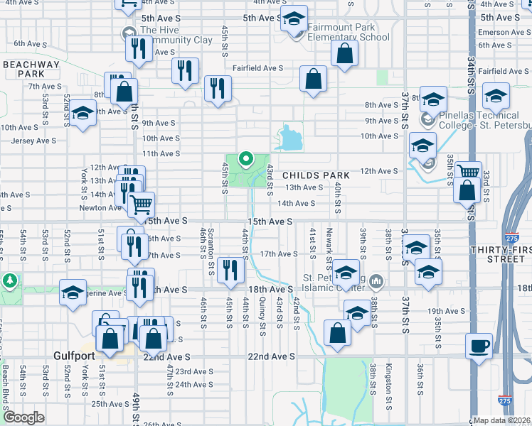map of restaurants, bars, coffee shops, grocery stores, and more near 1427 43rd Street South in St. Petersburg