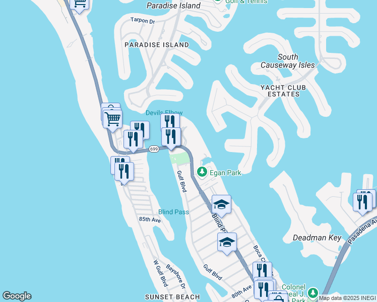 map of restaurants, bars, coffee shops, grocery stores, and more near 9301 - 9375 Blind Pass Road in St. Pete Beach
