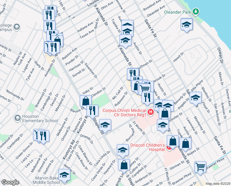 map of restaurants, bars, coffee shops, grocery stores, and more near 621 Mc Call Street in Corpus Christi