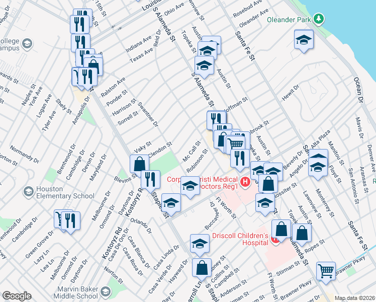 map of restaurants, bars, coffee shops, grocery stores, and more near 621 Mc Call Street in Corpus Christi
