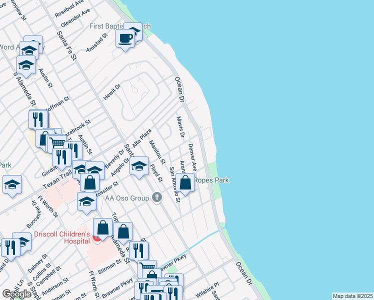 map of restaurants, bars, coffee shops, grocery stores, and more near 200 Santa Barbara Street in Corpus Christi