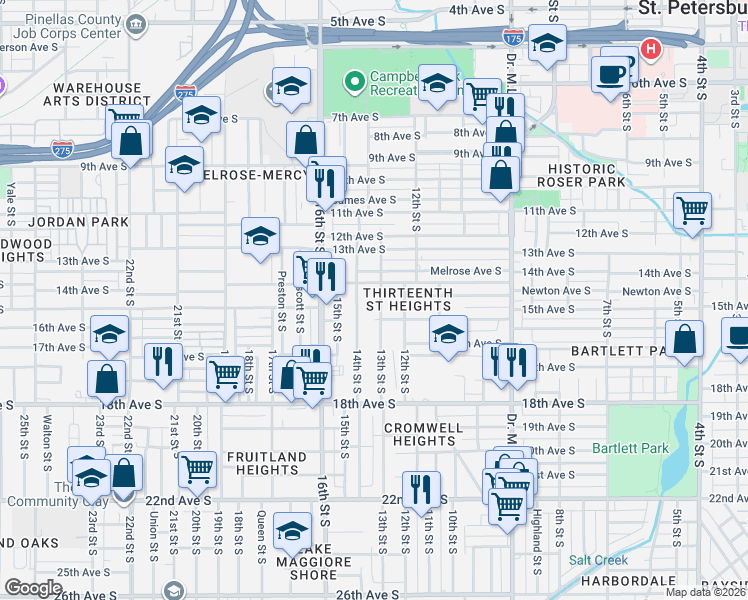 map of restaurants, bars, coffee shops, grocery stores, and more near 1428 14th Street South in St. Petersburg
