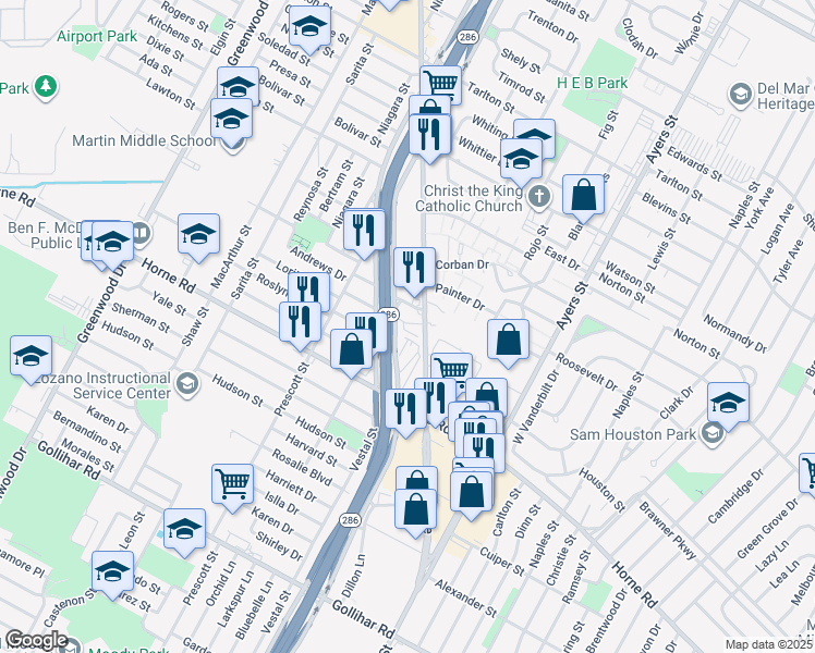 map of restaurants, bars, coffee shops, grocery stores, and more near 3908 Crosstown Expressway in Corpus Christi