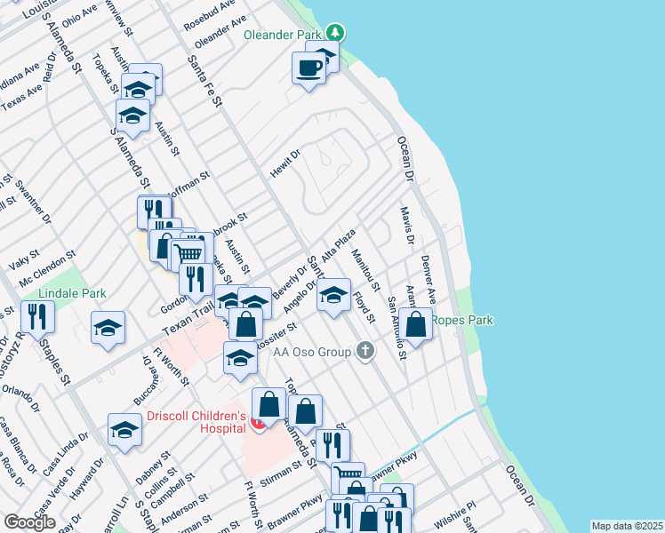 map of restaurants, bars, coffee shops, grocery stores, and more near 3333 Floyd Street in Corpus Christi