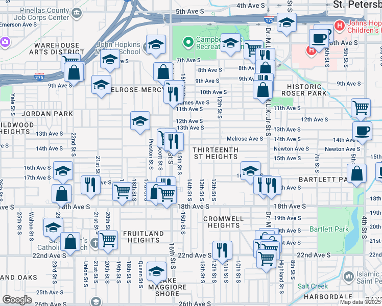 map of restaurants, bars, coffee shops, grocery stores, and more near 1428 14th Street South in St. Petersburg