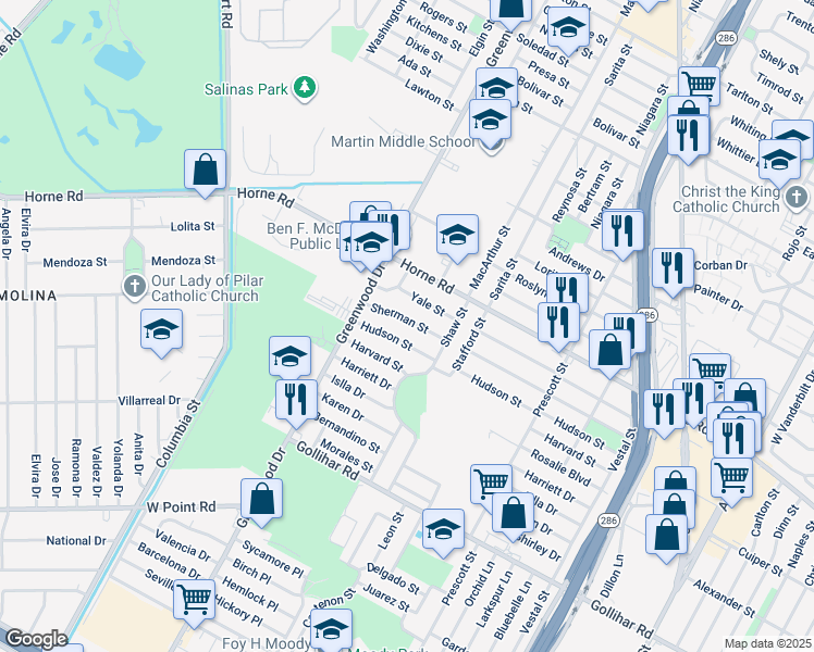 map of restaurants, bars, coffee shops, grocery stores, and more near 1709 Sherman Street in Corpus Christi