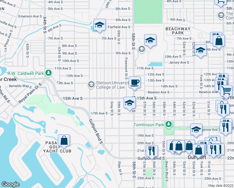 map of restaurants, bars, coffee shops, grocery stores, and more near 1413 59th Street South in Gulfport