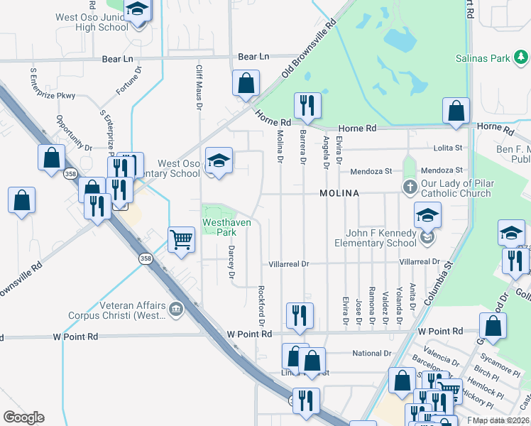 map of restaurants, bars, coffee shops, grocery stores, and more near 905 Moritz Circle in Corpus Christi