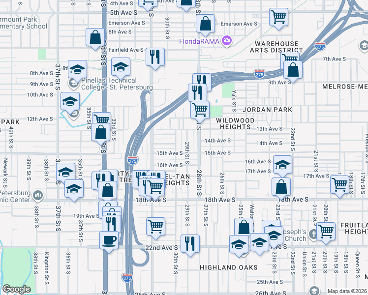 map of restaurants, bars, coffee shops, grocery stores, and more near 1419 29th Street South in St. Petersburg
