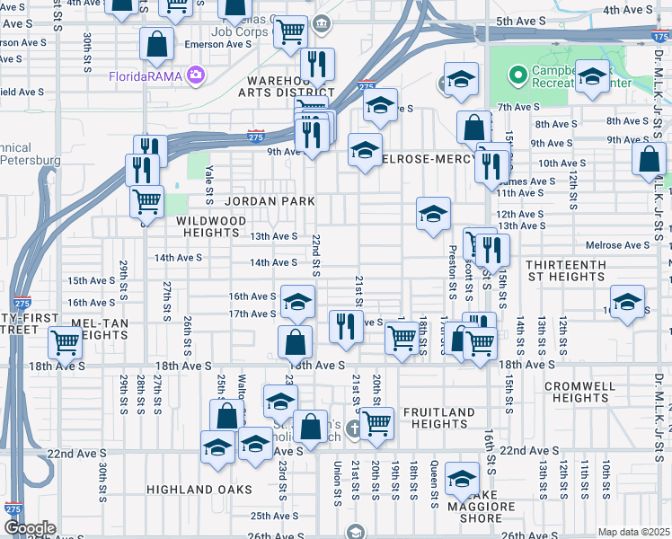 map of restaurants, bars, coffee shops, grocery stores, and more near 2155 14th Avenue South in St. Petersburg