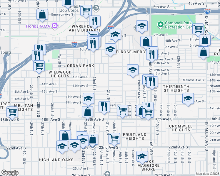 map of restaurants, bars, coffee shops, grocery stores, and more near 2035 15th Avenue South in St. Petersburg