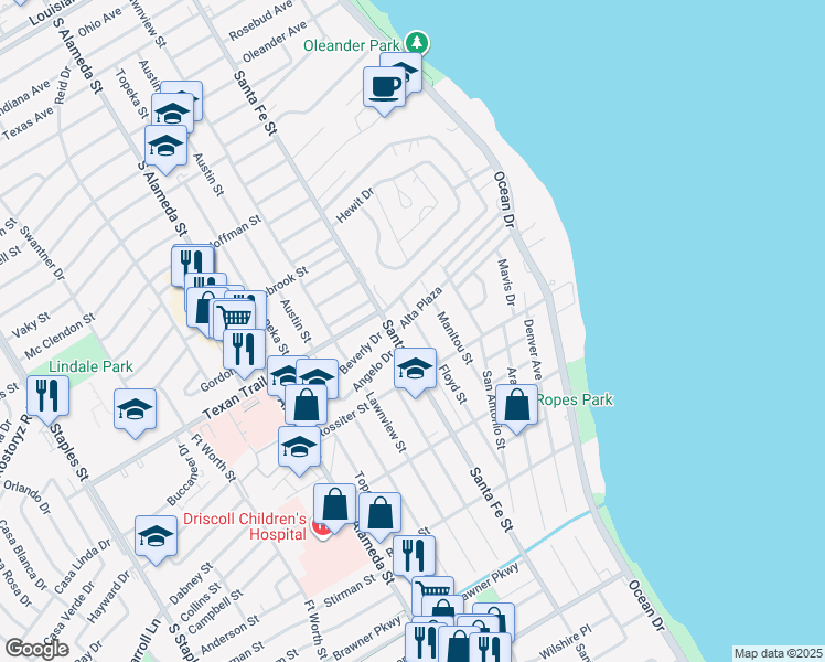 map of restaurants, bars, coffee shops, grocery stores, and more near 3333 Floyd Street in Corpus Christi