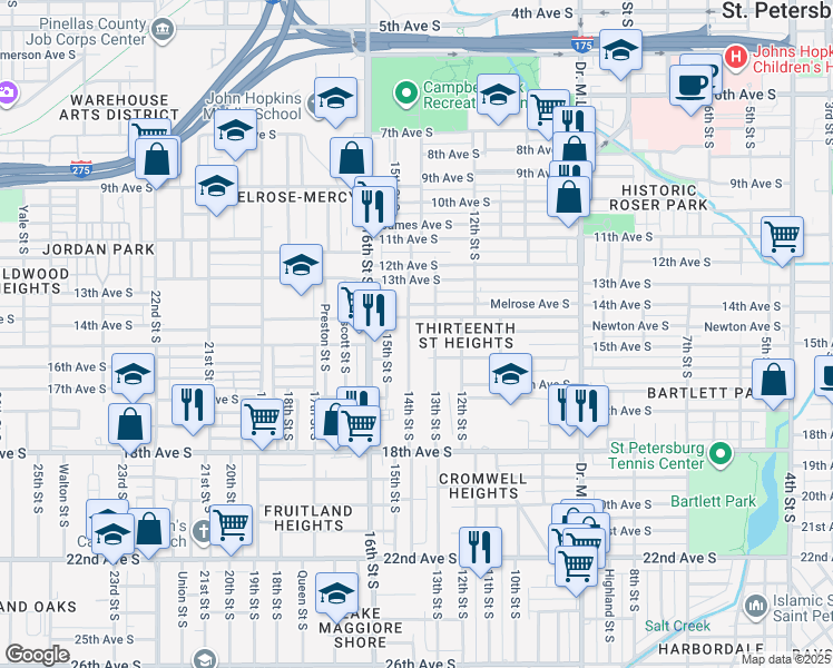 map of restaurants, bars, coffee shops, grocery stores, and more near 1428 14th Street South in St. Petersburg
