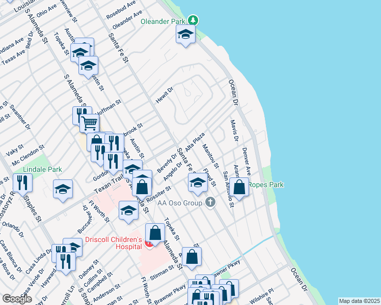 map of restaurants, bars, coffee shops, grocery stores, and more near 3333 Floyd Street in Corpus Christi
