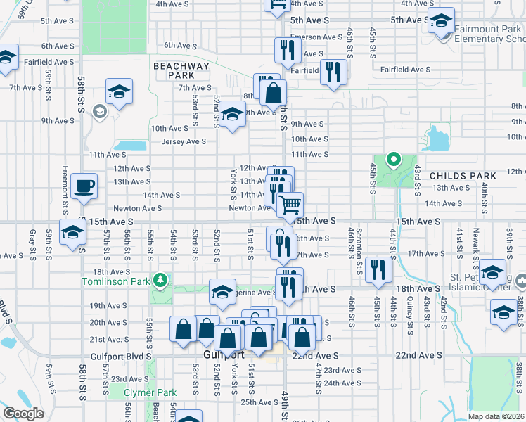 map of restaurants, bars, coffee shops, grocery stores, and more near 4942 Newton Avenue South in Gulfport