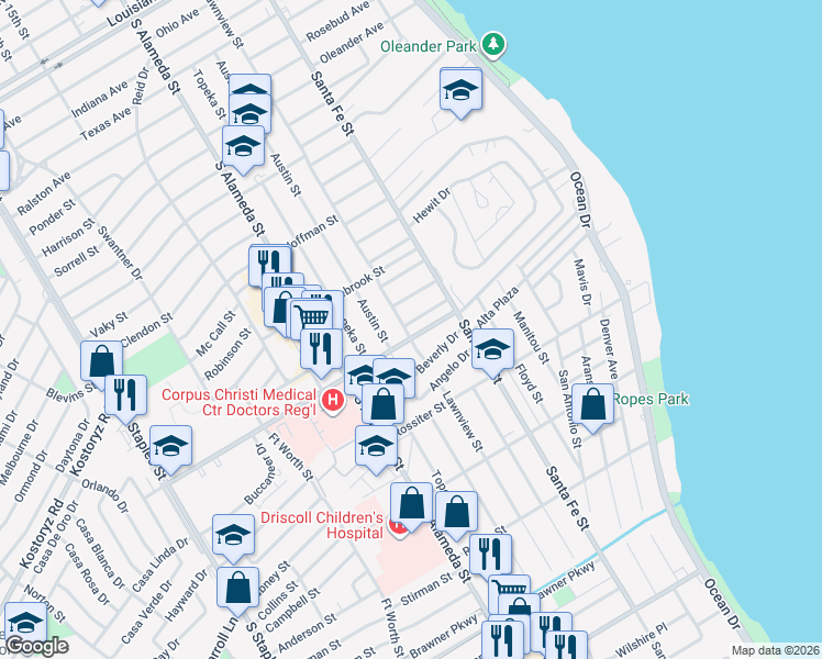 map of restaurants, bars, coffee shops, grocery stores, and more near 337 Primrose Drive in Corpus Christi