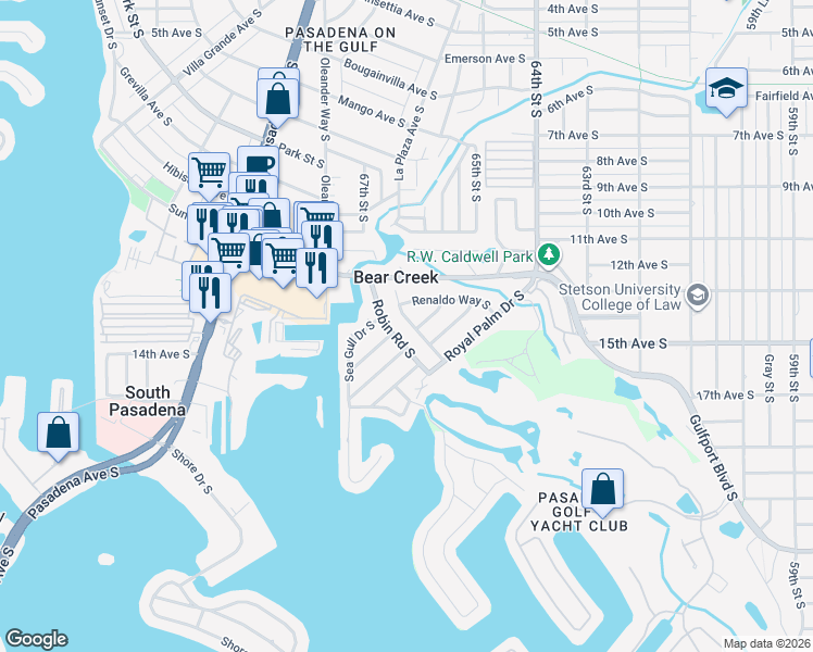 map of restaurants, bars, coffee shops, grocery stores, and more near 1309 Marion Drive South in St. Petersburg