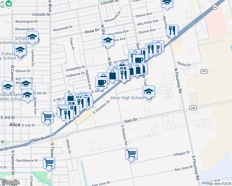 map of restaurants, bars, coffee shops, grocery stores, and more near 1705 East Houston Street in Alice
