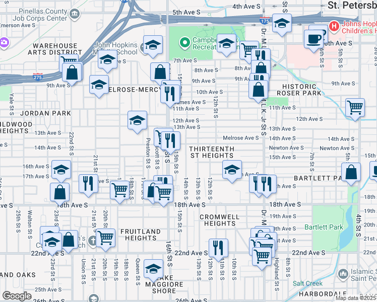 map of restaurants, bars, coffee shops, grocery stores, and more near 1424 14th Street South in St. Petersburg
