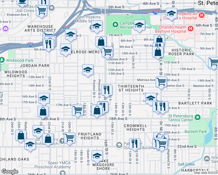 map of restaurants, bars, coffee shops, grocery stores, and more near 1430 16th Street South in St. Petersburg