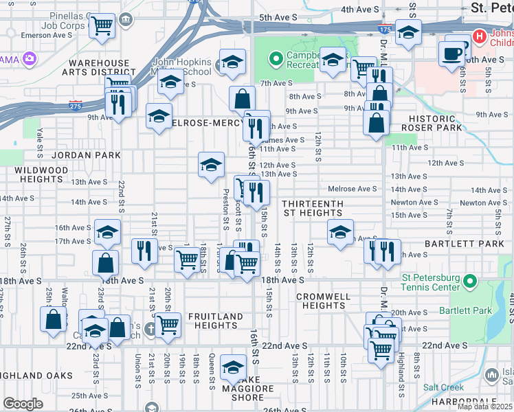 map of restaurants, bars, coffee shops, grocery stores, and more near 1430 16th Street South in St. Petersburg