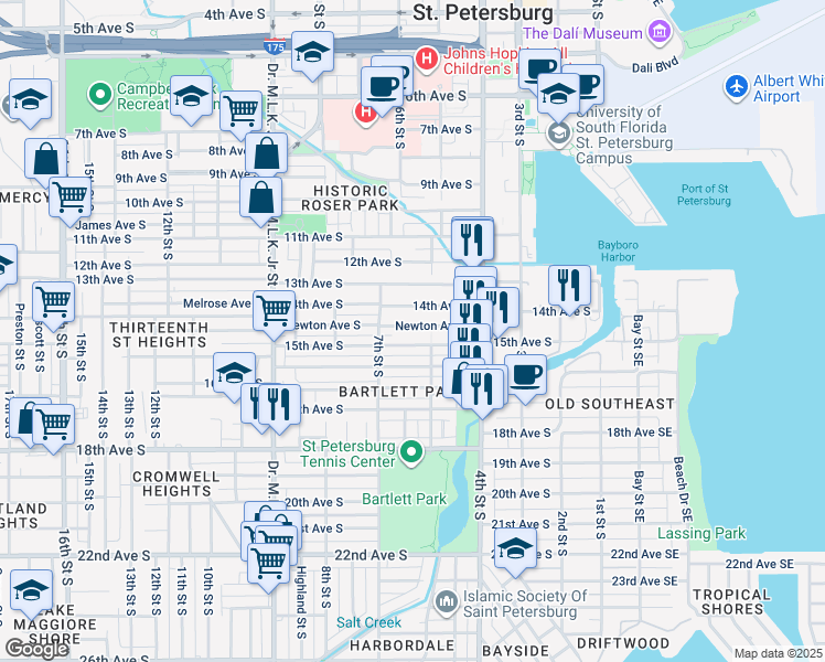map of restaurants, bars, coffee shops, grocery stores, and more near 625 15th Avenue South in St. Petersburg